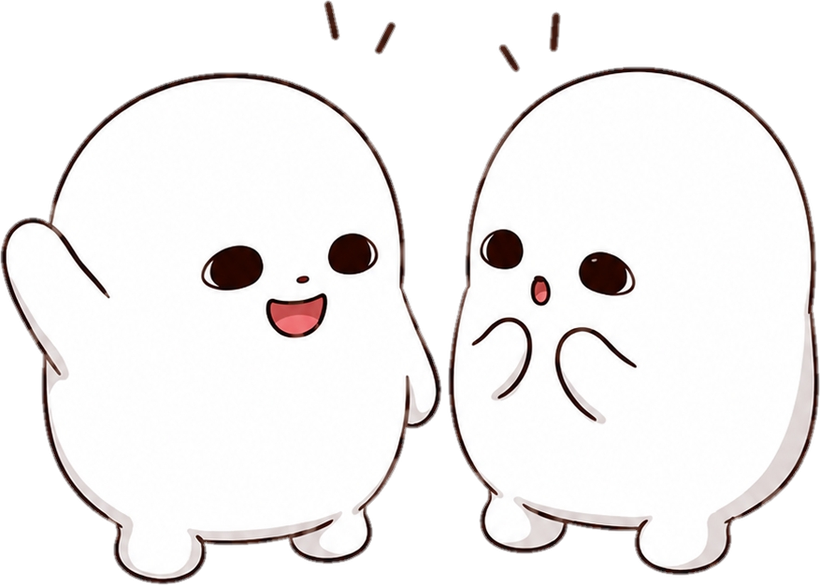 手をふってよろこぶコハックーと、こまり顔のコハックー